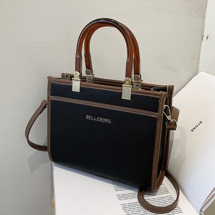 Sac à Main Vintage En Cuir Noir - Pochette Pour Femme Années 80 Avec Bouton Doré