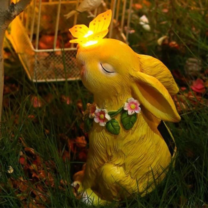 Statue Jardin Résine étanche IP65 Décoration Jardin Solaire Lapin Avec Papillon & Fleurs - 7 Couleurs LED - Étanche IP65 - Résine Avec Protection UV - 23x15x12 Cm - Cadeau Extérieur Idéal