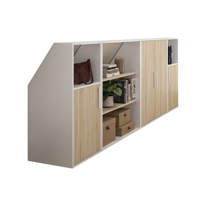 Meuble sous pente 4 portes 2 étagères et 2 niches - Blanc et naturel - ADEZIO