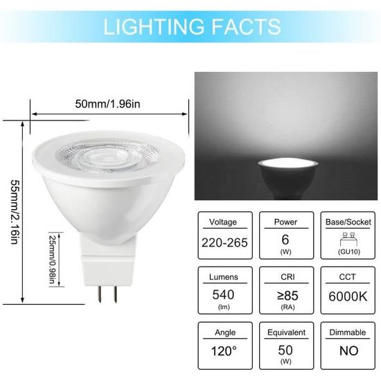 Lot De 10 Ampoules LED MR16 GU5.3 6W 3000K Blanc Chaud – 580 Lumens – Neuf Sous Blister