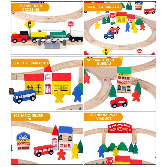 PALESTRAKI – Circuit Train En Bois Avec Tapis Puzzle, 40 Pièces, Compatible IKEA, Dès 3 Ans, 80x35,5 Cm