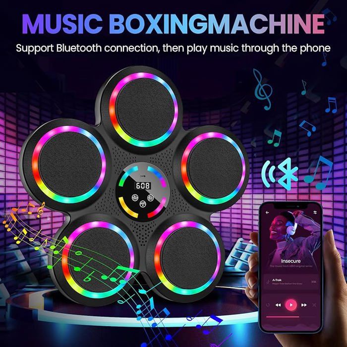 Macchina da Boxe Musicale, Intelligente Elettronica Boxing Machine Montata a Parete con Luce LED, Smart Elettronica Boxing Machine per Adulti Bambini, 9 modalità di velocità Patent Nr: 015044049-0001