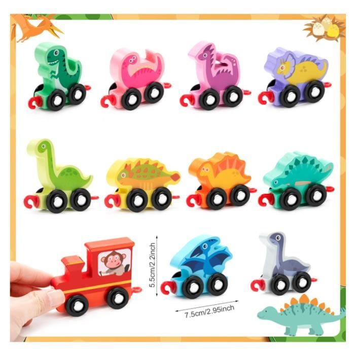 Wisplye – Train En Bois Dinosaure – Chiffres 1-10 – Jouet Montessori – Wagon Avec Crochets – Cadeau Éducatif 1-6 Ans