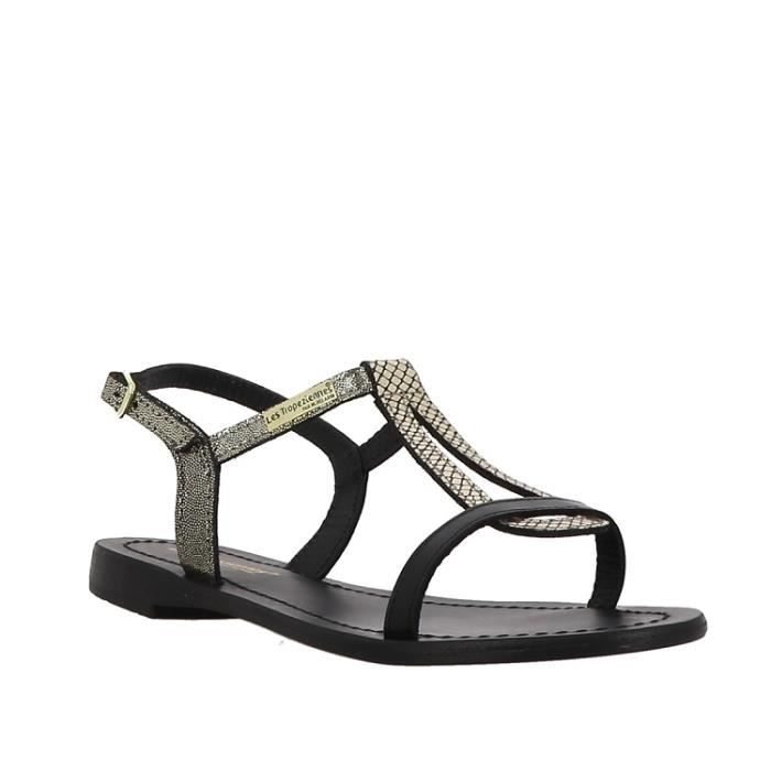 Sandales femme LES TROPEZIENNES Hamablak Cuir noir et or