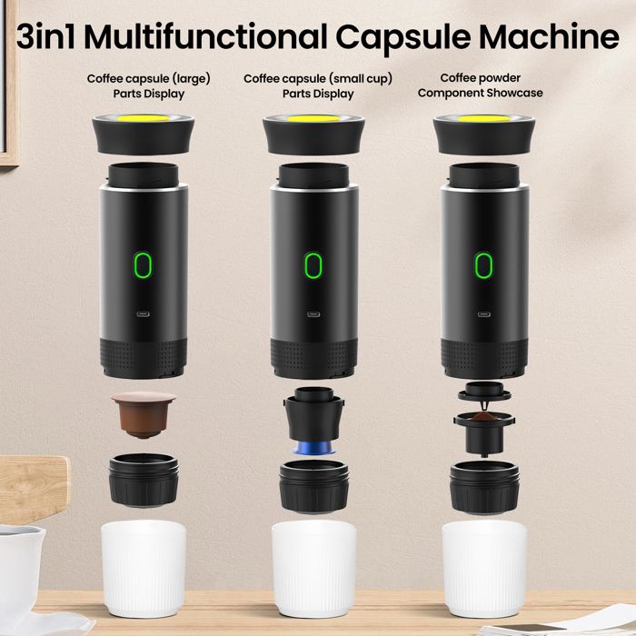 Niaetuto Cafetière Portable 3 En 1,Rechargeable Cafetière Portable De Voyage,12V Machine A Cafe Pour Capsule,Café Moulu,pour Camping,Voyage,Bureau,Voiture,Maison (Noir