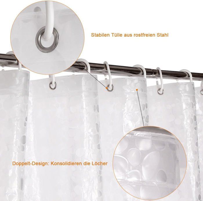 Rideau de douche 180x200 blanc, imperméable, anti-moisissure, avec boucle de suspension, largeur