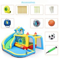 LEADZM Château Gonflable Géant 465x365x195 Cm – Toboggan + Piscine + Mur Escalade – Souffleur 450W – Pour 3 Enfants 3-10 Ans