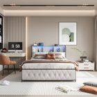 TIMPFEE Lit de rangement 140*200cm avec 2 ports USB et prise de courant, 4 tiroirs de rangement, tête de lit avec éclairage RGB,beige