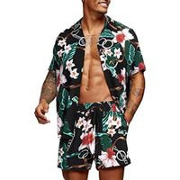 Ensemble Survêtements Hawaiian Imprimé Homme Été T-Shirt à Manche Courte et Shorts 2 pièces Plage Casual Sportswear noir-E