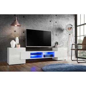 MEUBLE TV Banc TV Merano Version 1 Komodee - LED Bleues - Blanc Brillant et Blanc - 230 x 53 x 35 cm