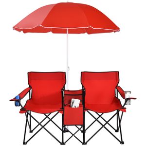CHAISE DE CAMPING GOPLUS Chaise de Camping Pliante 2 Places avec Parasol & Poche Isotherme & Porte-gobelet & Sac de Transport, Charge120KG*2, Rouge