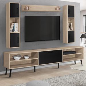 MEUBLE TV Ensemble meuble TV 180 cm et étagères HOUSTON bois et noir