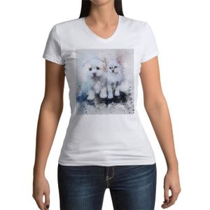 T-SHIRT T-shirt Femme Col V Chien et Chat Blanc Peinture Caniche Poil Long Mignon Art