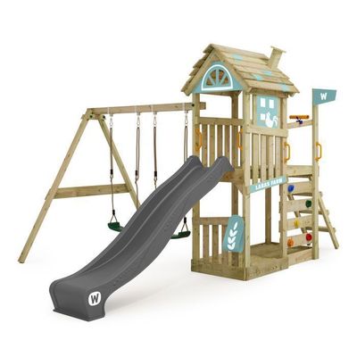 Aire De Jeux Portique Bois Smart Lodge 120 Avec Escaliers, Balançoire Et Toboggan Bleu Maison Enfant Exterieur Avec Bac A Sable Echelle Descalade