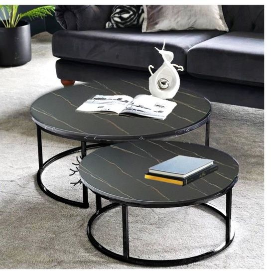 Lot de 2 tables basses rondes gigognes empilables plateau Marbre noir et pieds métalliques noir 80×80*45 cm / 60*60*40 cm
