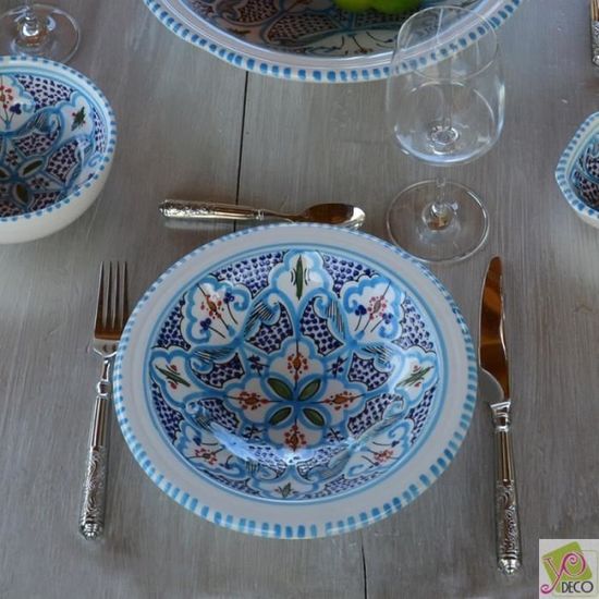 Lot De 4 Assiettes Creuses Tebsi Bakir Turquoise - Diamètre 23 Cm, Fait Main, Lave-vaisselle - Pour Couscous, Paella