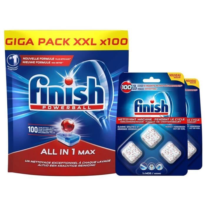 Finish Pastilles Lave-Vaisselle 100 Tablettes et Nettoyant Machine Lave-Vaisselle Pendant le Cycle 3 x 17g, Lot de 2