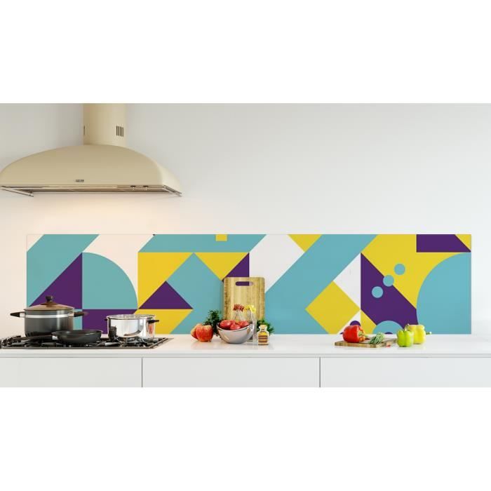 Crédence de cuisine adhésive en Panneau composite aluminium -Composition géométrique jaune, turquoise et violet style scandinave...