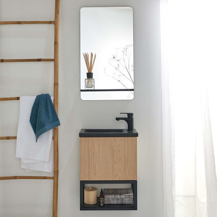 Lave-mains Bois Et Métal Noir Nova + Miroir Avec Tablette Noir Mat