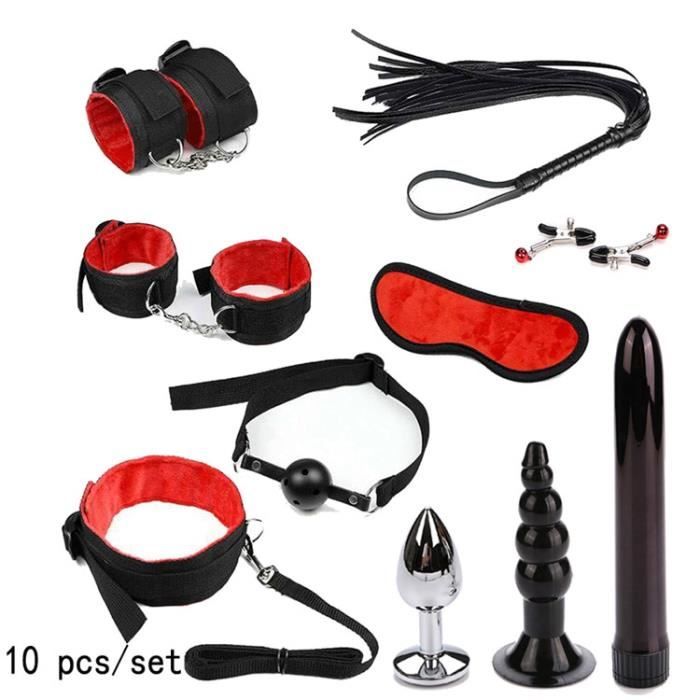 Jouets sexuels pour Couples Bondage vibrateurs ensemble Nylon retenue BDSM esclave Anal vibrateur Plug-Type black and red 10pcs