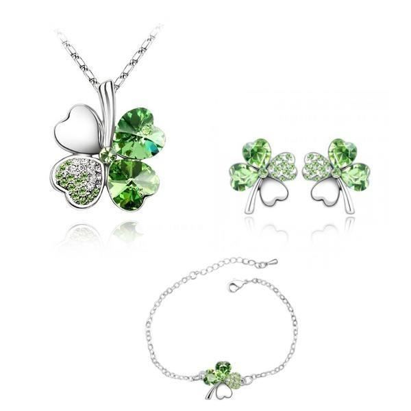 Parure Collier, Bracelet, Boucles d'Oreilles Trèfle Cristal de Swarovski Elements Vert