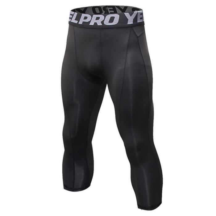 Homme Collant Running Fitness Pantalon de Compression 3-4 Capri Legging Sport Collants Baselayers Noir Noir S