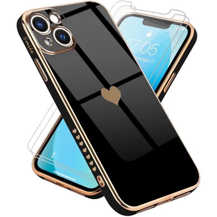 Coque Pour iPhone 13 (6,1-) Noir Pack 2 Verres Trempés Galvanisé Or Antichoc Motif coeur Anti-Rayure Luxe Amour-Mignon
