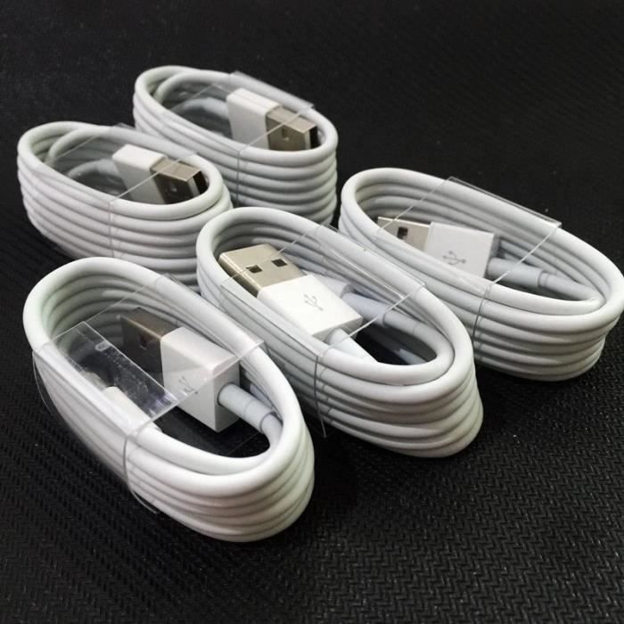 WHITE-1m -5 pièces-lot câble USB pour Apple téléphone Charge pour iPhone câble 12 11 Pro XS MAX X XR 8 7 6 6S Plus cordon de Charge
