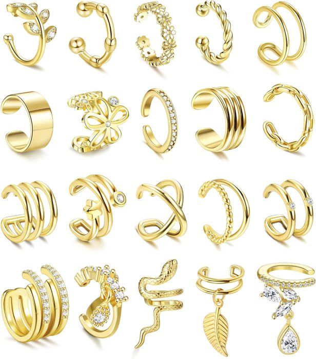 22 Boucles D'Oreilles Clip Sans Perçage - Faux Piercing Cartilage - Or, Argent, Rose, Noir - Cuff Oreille Réglable