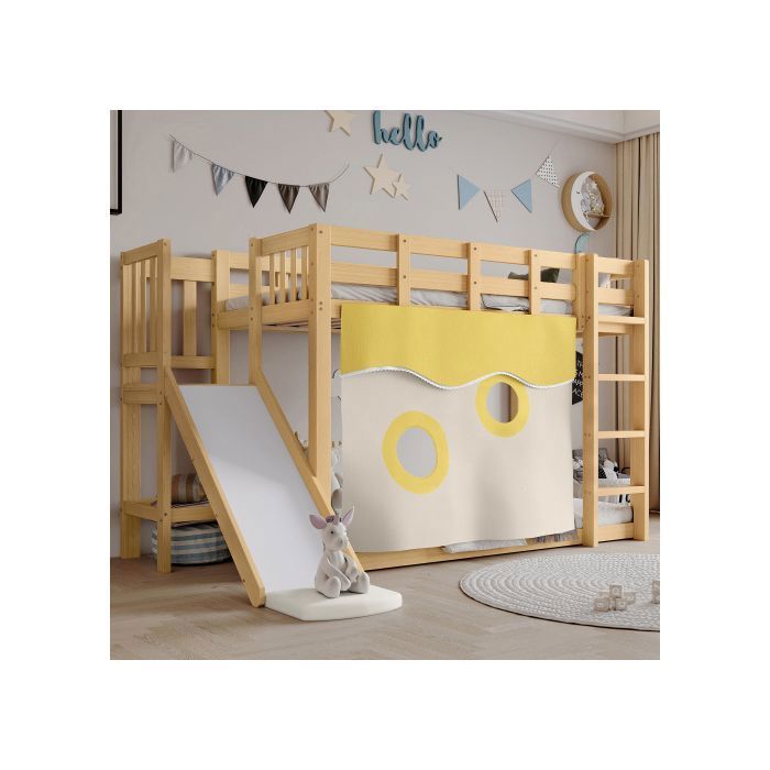 Lit superposé 90x200cm- SWEIKO - lit denfant avec escalier et barrières rideau de lit - Naturel Lit superposé 90x200cm- SWEIKO - lit denfant avec escalier et barrières rideau de lit - Naturel