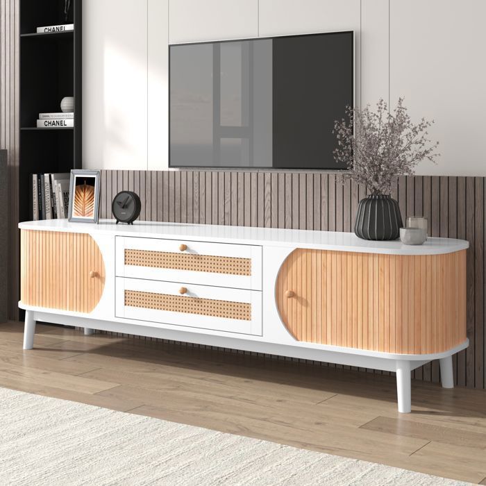 Armoire TV Hybride en bois Naturel avec Portes Tiroirs Meuble TV Fujimoto 170x39.5x46cm Buffet Salon Style Rustique Blanc