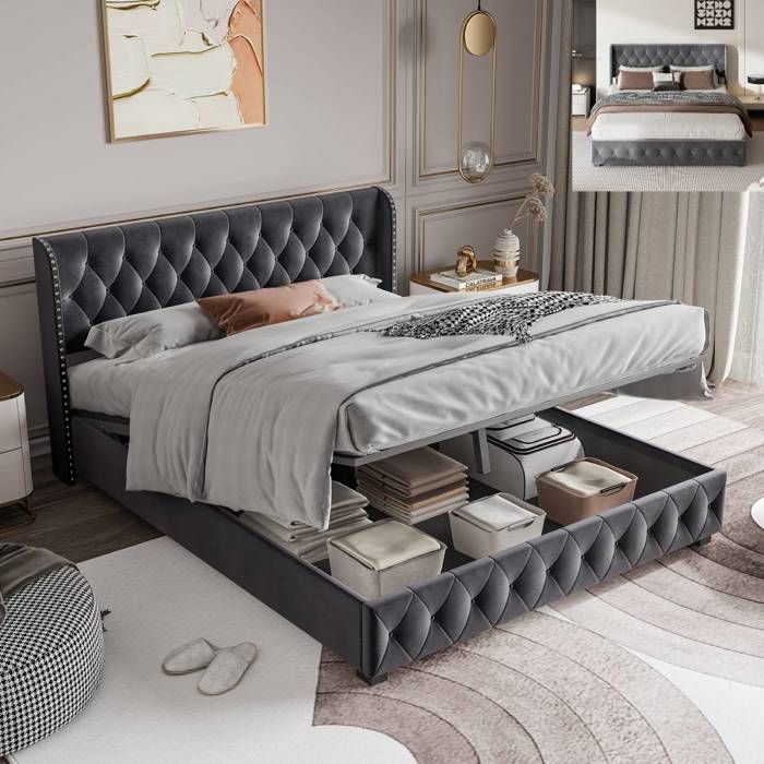 Lit Coffre 180x200 Cm, Avec U00e9clairage LED, Hydraulique De Rangement Usb Fonction De Charge Sommier A Lattes Cadre En Metal Lit Adulte Marron 83707799