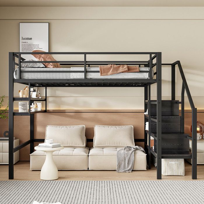 Lit mezzanine 140x200 cm - étagères et échelle rangementsCadre de lit en fer - garde-corp pour adulte & enfantnoir