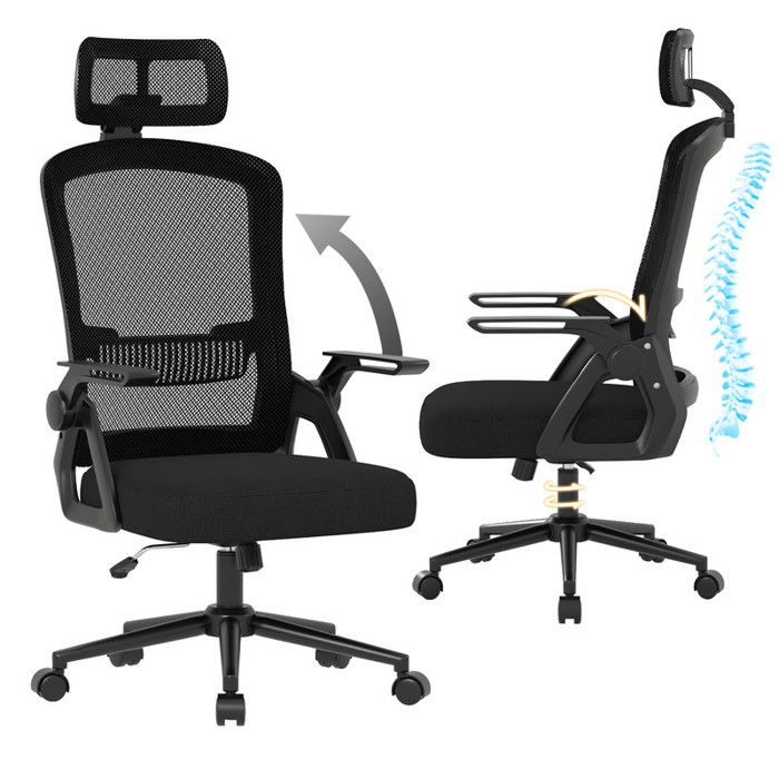 HAMLODY Chaise de bureau Ergonomique avec Accoudoirs Pliants Hauteur Réglable-Soutien Lombaire-Roulette Pivotant à 360° Noir