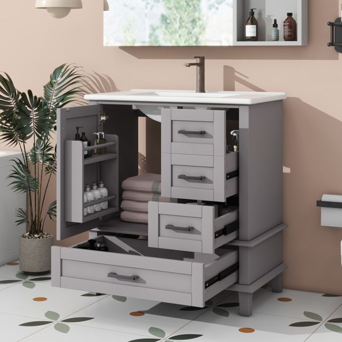 Petit Meuble sous vasque salle de bain tiroirs silencieux-Meuble lavabo main wc et bassin intégré gris-76x46x835cm