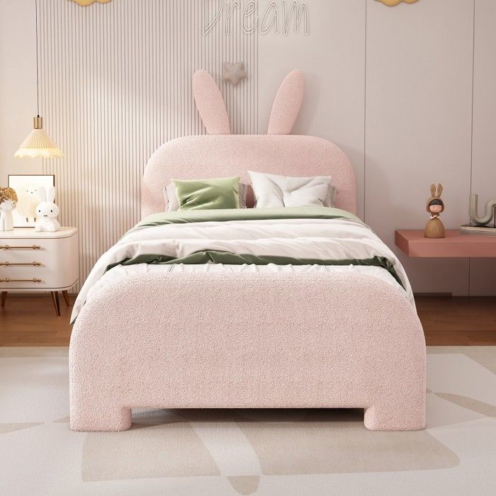 Lit Simple Lit plat lapin 90x200cm 2 tiroirs - Rembourré laine mouton - Design cartoon rose - Sans Matelas