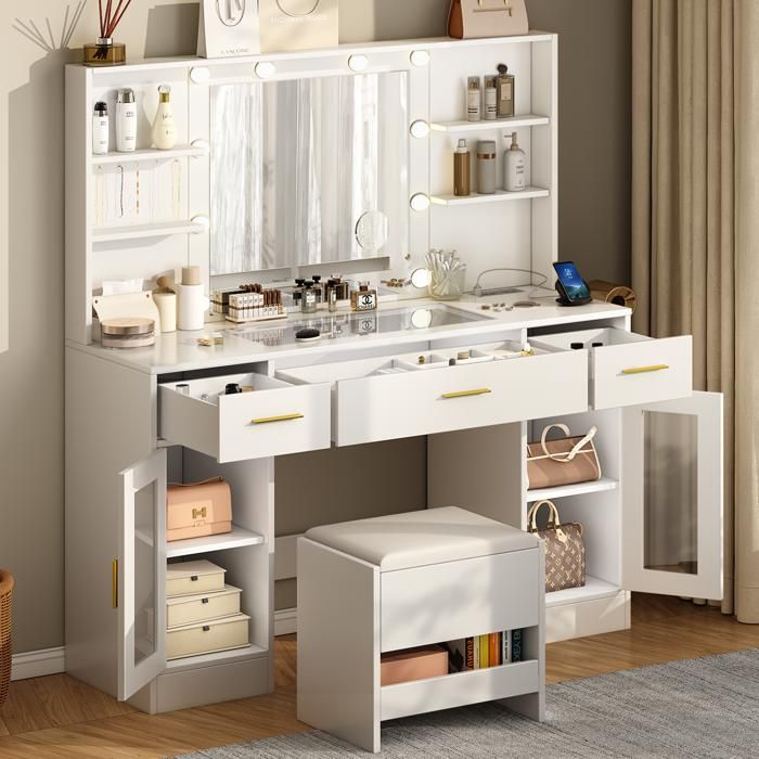 Coiffeuse avec Miroir et Tabouret de Rangement - NHHF - 113X40X140 CM -10 Ampoules - 3 Couleurs Réglables - 3 Tiroirs et 2 armoires