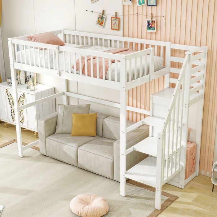 Lit mezzanine enfant 90x200 bois blanc avec escalier étagères et armoire - sommier inclus