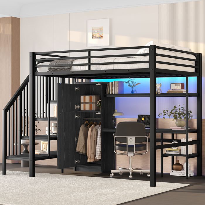 Lit mezzanine 140x200cm - MODERNLUXE - Bureau et penderie - LED - Escalier de rangement - Métal - Noir (matelas non inclus) Lit mezzanine 140x200cm - MODERNLUXE - Bureau et penderie - LED - Escalier de rangement - Métal - Noir (matelas non inclus)