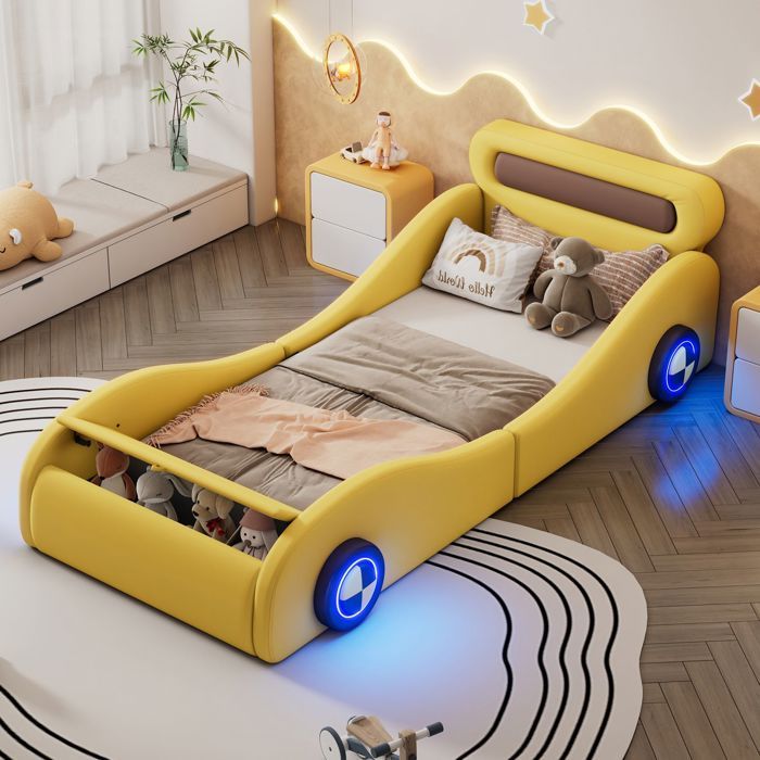 Lit enfant 90x200 - SOGEU - Voiture - LED intégrée - Rangement coffre - PU+MDF jaune