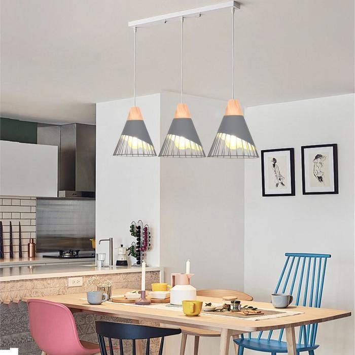 Lustre suspension - 3 Lampes Suspension - Gris - Métal & Bois - 3x E27