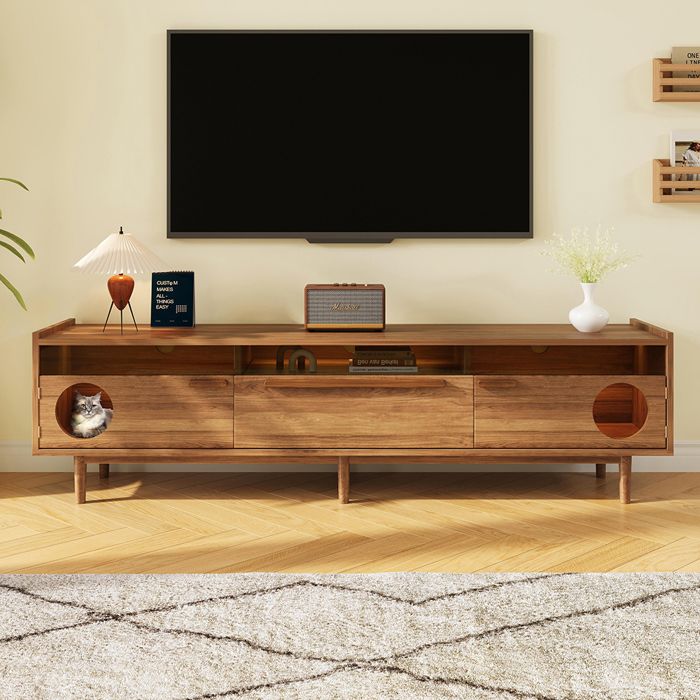 Meuble TV 180x40x50 cm moderne avec LED et espace chat Noyer portes en verre renforcé