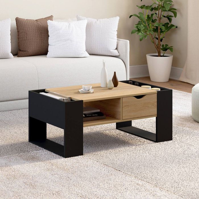IDMARKET Table basse rectangulaire BERYL avec tiroir bois noir et façon hêtre IDMARKET Table basse rectangulaire BERYL avec tiroir bois noir et façon hêtre