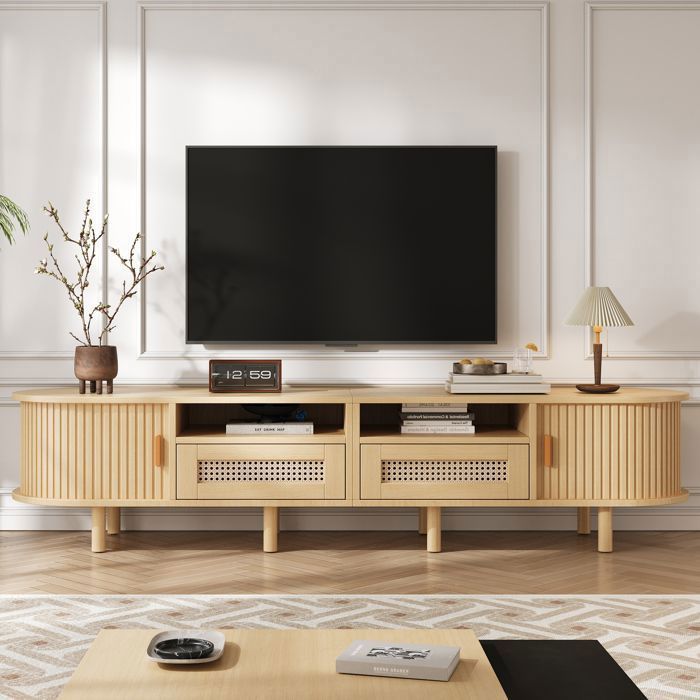 Merax Meuble TV Ovale - avec Portes Coulissantes - 2 Tiroirs - 170 x 40 x 40 cm - Bois Naturel - Banc TV Merax Meuble TV Ovale - avec Portes Coulissantes - 2 Tiroirs - 170 x 40 x 40 cm - Bois Naturel - Banc TV