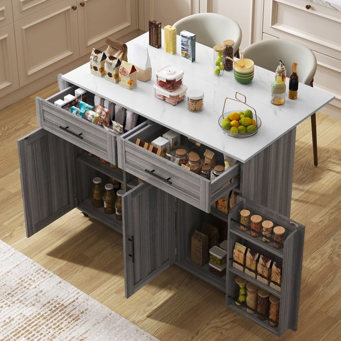 îlot de Cuisine avec 2 Tiroirs et 3 Portes Chariot de Cuisine avec Porte-Serviettes Surface de Travail Pliable et RoulettesGris