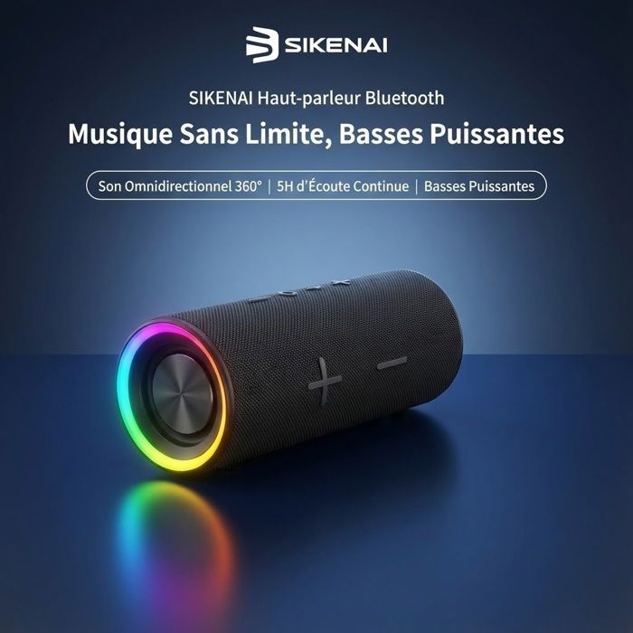 Enceinte Bluetooth Portable Bluetooth 5.2 sans Fil-SIKENAI-4000mAh -Lumière LED-AUX TF Carte USB pour Fêtes Voyage Extérieur Noir