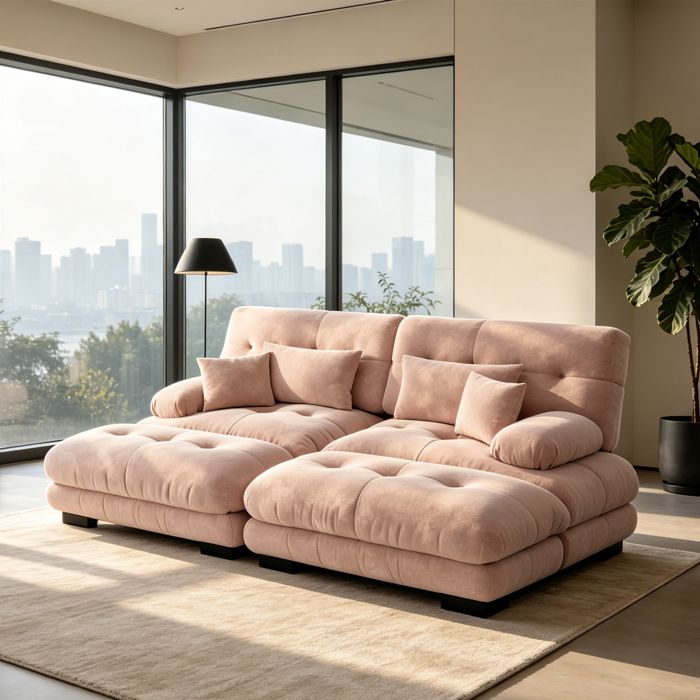 Canapé 2 Places en Chenille rose - Canapé Capitonné avec Repose-pieds et Structure Supportant 450kg - 220x145x81cm