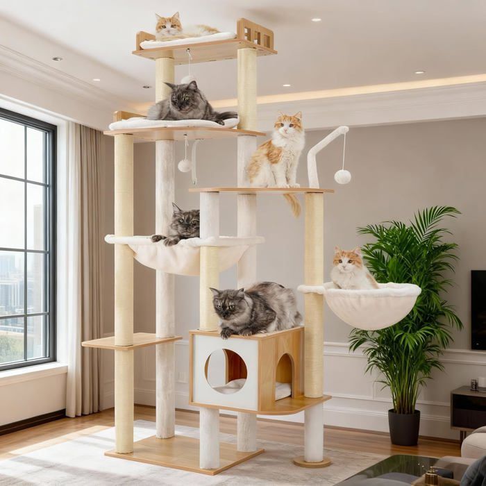 Arbre à chat moderne - SUTEO - 179 cm - Coloris Noyer - Structure extra stable - Poteaux griffoir en sisal