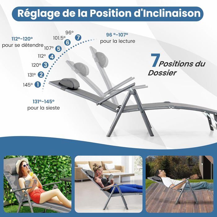 GIANTEX Chaise Longue Pliante avec Dossier Réglable à 7 Niveaux avec Accoudoir et Repose-tête-Transat Jardin Charge 150 KG Gris GIANTEX Chaise Longue Pliante avec Dossier Réglable à 7 Niveaux avec Accoudoir et Repose-tête-Transat Jardin Charge 150 KG Gris