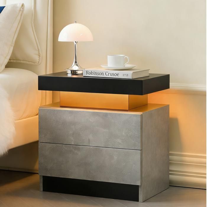 Table de chevet - BELLEMAVE - 2 Tiroirs LED Multicolore Réglable - pour chambre à coucher - gris